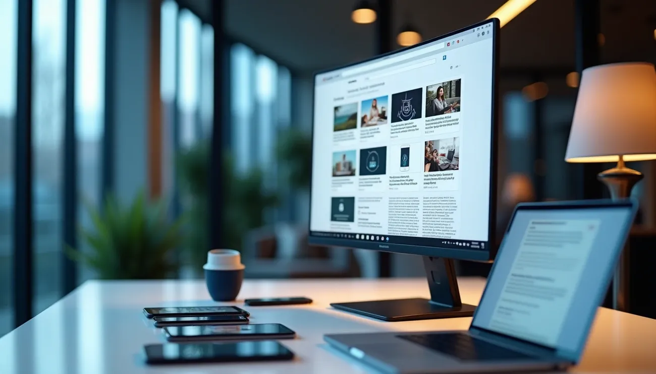 Modern workspace with multiple smartphones, a laptop, and a large monitor displaying digital content in an office setting.