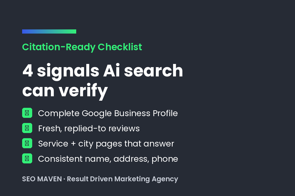 Checklist graphic of four signals Ai search can verify: complete Google Business Profile, fresh replied-to reviews, service and city pages, consistent name, address and phone