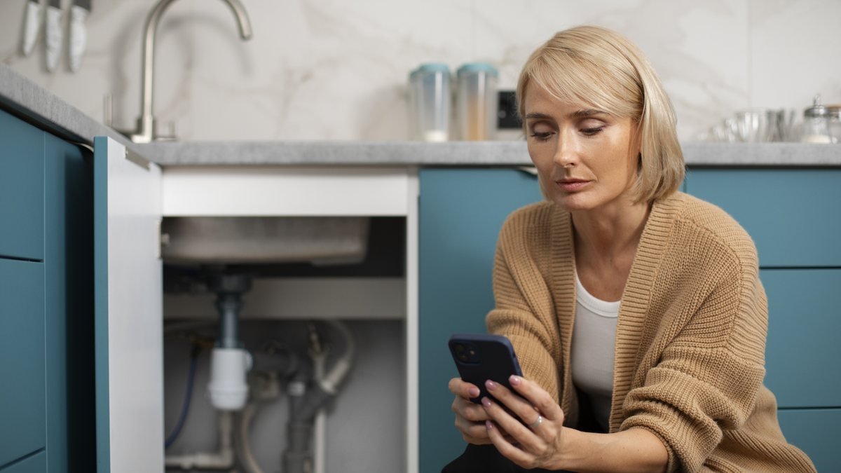 Homeowner kneeling by an open kitchen sink cabinet while searching for a local plumber on her phone