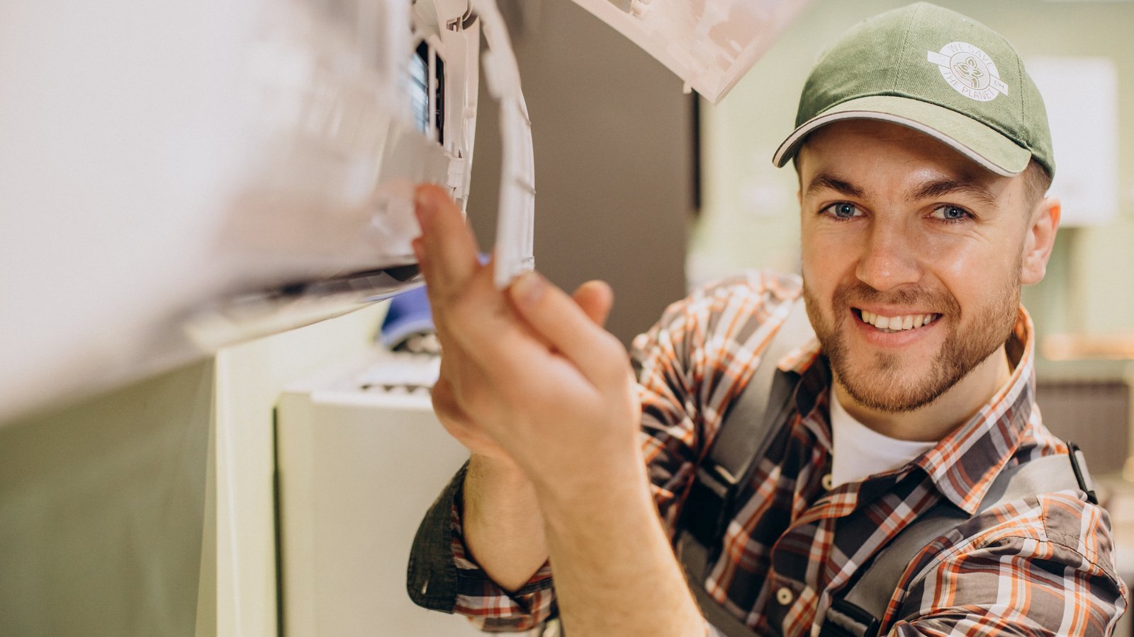 HVAC technician servicing a wall-mounted air conditioner, illustrating ai search citations for local businesses in home services