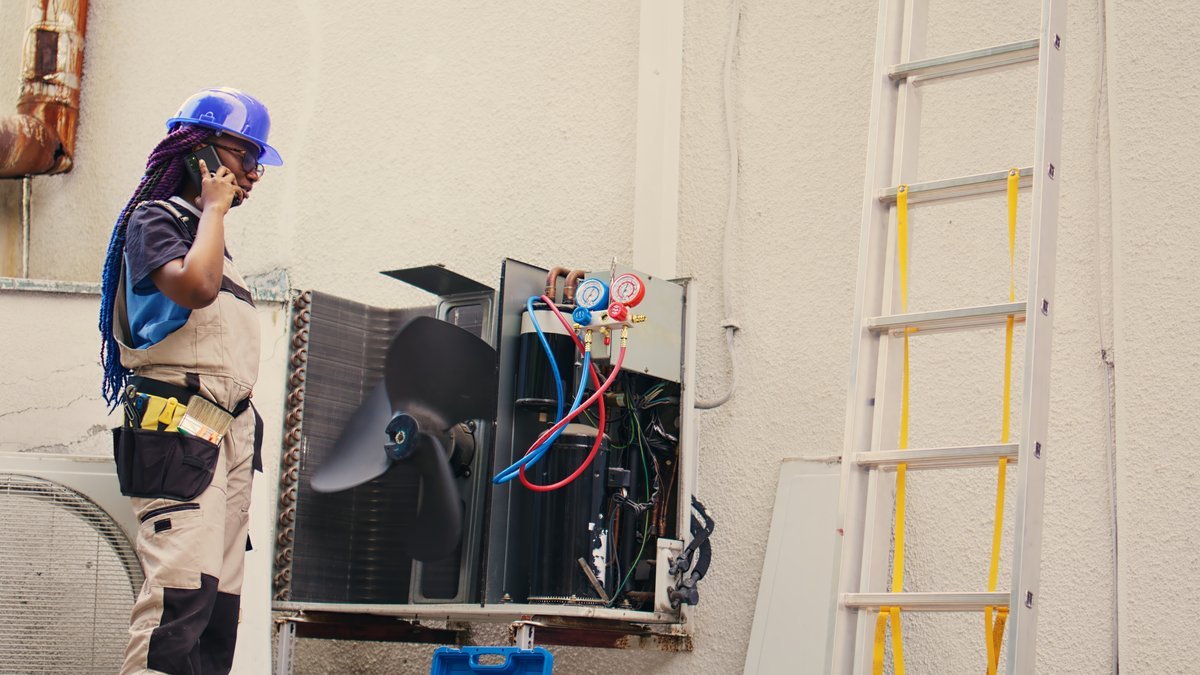 HVAC technician in a hard hat on a phone call beside an open outdoor A/C condenser with manifold gauges attached